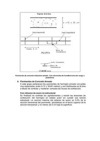 Pavimento de concreto hidráulico simple. Con elementos de transferencias de carga o
pasadores.
b. Pavimentos de Concreto Armado
A este grupo pertenecen los pavimentos de hormigón armado con juntas
muy espaciadas (entre 6,10 y 36,60 metros) y son distribuidas en la losa
a efecto de controlar y mantener cerradas las fisuras de contracción.
Con refuerzo de acero no estructural
Su finalidad es controlar los agrietamientos y resistir las tensiones de
contracción del hormigón en estado joven sin cumplir una función
estructural. La sección máxima del refuerzo de acero es 0,3% de la
sección transversal del pavimento, ubicándose en el tercio superior de la
sección transversal y no menos de 5 cm bajo la superficie.
 