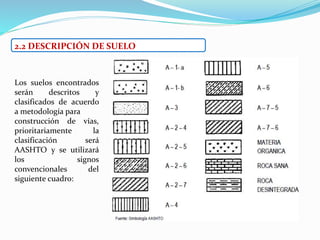 2.2 DESCRIPCIÓN DE SUELO
Los suelos encontrados
serán descritos y
clasificados de acuerdo
a metodología para
construcción de vías,
prioritariamente la
clasificación será
AASHTO y se utilizará
los signos
convencionales del
siguiente cuadro:
 