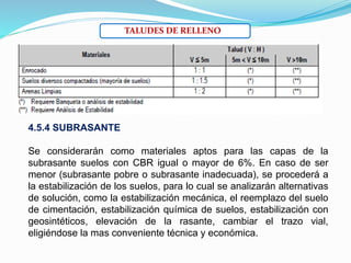 TALUDES DE RELLENO
4.5.4 SUBRASANTE
Se considerarán como materiales aptos para las capas de la
subrasante suelos con CBR igual o mayor de 6%. En caso de ser
menor (subrasante pobre o subrasante inadecuada), se procederá a
la estabilización de los suelos, para lo cual se analizarán alternativas
de solución, como la estabilización mecánica, el reemplazo del suelo
de cimentación, estabilización química de suelos, estabilización con
geosintéticos, elevación de la rasante, cambiar el trazo vial,
eligiéndose la mas conveniente técnica y económica.
 
