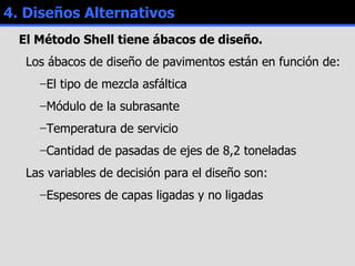 4. Diseños Alternativos El Método Shell tiene ábacos de diseño. Los ábacos de diseño de pavimentos están en función de: El tipo de mezcla asfáltica Módulo de la subrasante Temperatura de servicio Cantidad de pasadas de ejes de 8,2 toneladas Las variables de decisión para el diseño son: Espesores de capas ligadas y no ligadas 