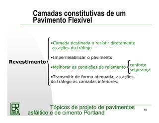 16
Tópicos de projeto de pavimentos
asfáltico e de cimento Portland
Camadas constitutivas de um
Pavimento Flexível
Revestimento
•Camada destinada a resistir diretamente
as ações do tráfego
•Impermeabilizar o pavimento
•Melhorar as condições de rolamento
•Transmitir de forma atenuada, as ações
do tráfego às camadas inferiores.
conforto
segurança
 