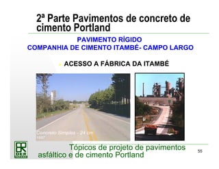 55
Tópicos de projeto de pavimentos
asfáltico e de cimento Portland
2ª Parte Pavimentos de concreto de
cimento Portland
PAVIMENTO RÍGIDO
COMPANHIA DE CIMENTO ITAMBÉ- CAMPO LARGO
ACESSO A FÁBRICA DA ITAMBÉ
Concreto Simples - 24 cm
1997
 