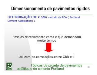 64
Tópicos de projeto de pavimentos
asfáltico e de cimento Portland
Dimensionamento de pavimentos rígidos
Ensaios relativamente caros e que demandam
muito tempo
Utilizam-se correlações entre CBR e k
DETERMINAÇÃO DE k pelo método da PCA ( Portland
Cement Association) :
 
