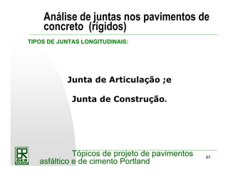 67
Tópicos de projeto de pavimentos
asfáltico e de cimento Portland
Junta de Articulação ;e
Junta de Construção.
TIPOS DE JUNTAS LONGITUDINAIS:
Análise de juntas nos pavimentos de
concreto (rígidos)
 