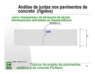 74
Tópicos de projeto de pavimentos
asfáltico e de cimento Portland
Análise de juntas nos pavimentos de
concreto (rígidos)
JUNTA TRANSVERSAL DE RETRAÇÃO DE SEÇÃO
ENFRAQUECIDA SEM BARRA DE TRANSFERÊNCIA:
h
Detalhe A
OBS: cotas em cm
h/4
 