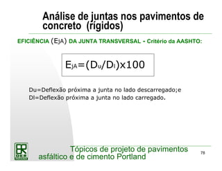78
Tópicos de projeto de pavimentos
asfáltico e de cimento Portland
Análise de juntas nos pavimentos de
concreto (rígidos)
EjA=(Du/Dl)x100
Du=Deflexão próxima a junta no lado descarregado;e
Dl=Deflexão próxima a junta no lado carregado.
EFICIÊNCIA (EjA) DA JUNTA TRANSVERSAL - Critério da AASHTO:
 
