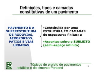 9
Tópicos de projeto de pavimentos
asfáltico e de cimento Portland
Definições, tipos e camadas
constitutivas de um pavimento
PAVIMENTO É A
SUPERESTRUTURA
DE RODOVIAS,
AEROPORTOS,
PÁTIOS E VIAS
URBANAS
•Constituída por uma
ESTRUTURA EM CAMADAS
de espessuras finitas; e
•Assentes sobre o SUBLEITO
(semi-espaço infinito)
 