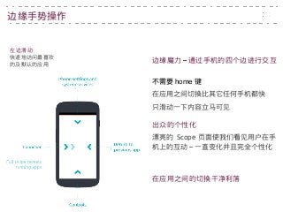 –边缘魔力 通过手机的四个边进行交互
出众的个性化
在应用之间的切换干净利落
不需要 home 键
在应用之间切换比其它任何手机都快
只滑动一下内容立马可见
漂亮的 Scope 页面使我们看见用户在手
–机上的互动 一直变化并且完全个性化
左边滑动
快速地访问最喜欢
的及默认的应用
边缘手势操作
 