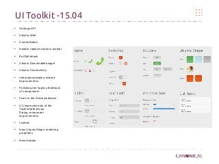 UI Toolkit -15.04
● Settings API
● Ubuntu.Web
● ComboButton
● Header replaces bottom toolbar
● PullToRefresh
● Ubuntu.DownloadManager
● Ubuntu.Connectivity
● Internationalization related
improvements
● Polishing the haptics feedback
of components
● Fixes in the ActivityIndicator
● UX improvements of the
TextField/TextArea
Dialog component
improvements
● ListItem
● New UbuntuShape rendering
properties
● New Header
 