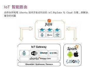 合作伙伴利用 Ubuntu 技术开发点对点的 IoT, Big Data 与 Cloud 方案，来解决
复杂的问题
IoT 智能路由
 