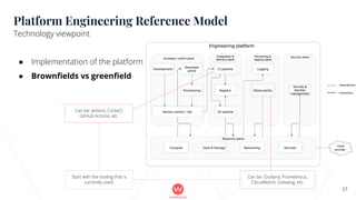 ● Implementation of the platform
● Brownfields vs greenfield
27
Platform Engineering Reference Model
Technology viewpoint
Can be: Grafana, Prometheus,
CloudWatch, Datadog, etc.
Can be: Jenkins, CircleCI,
GitHub Actions, etc.
Start with the tooling that is
currently used.
 