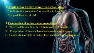 Application for live donor transplantation
• “Authorization committee” as specified in form 10
• The guidelines in rule 6-F
Composition of authorisation committees
A. There shall be one State level Authorisation Committee.
B. Composition of hospital based authorisation committees.
C. Composition of state or district level authorisation committees.
 