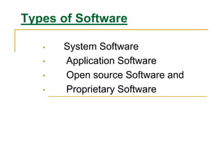 Types of Software
• System Software
• Application Software
• Open source Software and
• Proprietary Software
 