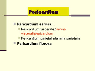  Pericardium serosa :
 Pericardium visceralis/lamina
visceralis/epicardium
 Pericardium parietalis/lamina parietalis
 Pericardium fibrosa
PericardiumPericardium
 