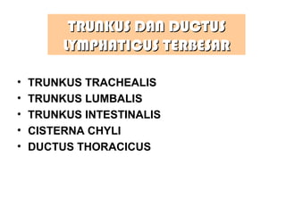 TRUNKUS DAN DUCTUSTRUNKUS DAN DUCTUS
LYMPHATICUS TERBESARLYMPHATICUS TERBESAR
• TRUNKUS TRACHEALIS
• TRUNKUS LUMBALIS
• TRUNKUS INTESTINALIS
• CISTERNA CHYLI
• DUCTUS THORACICUS
 