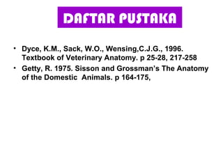 DAFTAR PUSTAKA
• Dyce, K.M., Sack, W.O., Wensing,C.J.G., 1996.
Textbook of Veterinary Anatomy. p 25-28, 217-258
• Getty, R. 1975. Sisson and Grossman’s The Anatomy
of the Domestic Animals. p 164-175,
 