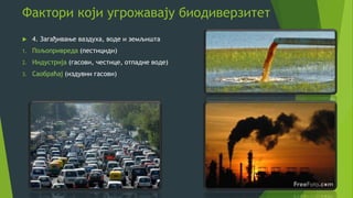 Фактори који угрожавају биодиверзитет
 4. Загађивање ваздуха, воде и земљишта
1. Пољопривреда (пестициди)
2. Индустрија (гасови, честице, отпадне воде)
3. Саобраћај (издувни гасови)
 
