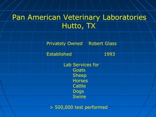 Pan American Veterinary Laboratories
Hutto, TX
Privately Owned Robert Glass
Established 1993
Lab Services for
Goats
Sheep
Horses
Cattle
Dogs
Swine
> 500,000 test performed
 