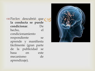  Pavlov descubrió que
la conducta se puede
condicionar. De
hecho, el
condicionamiento
respondiente se
aprende y manifiesta
fácilmente (gran parte
de la publicidad se
basa en este
mecanismo de
aprendizaje).
 