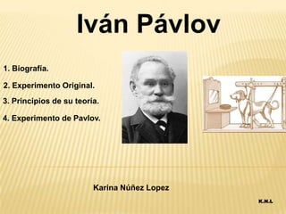 Iván Pávlov
1. Biografía.
2. Experimento Original.
3. Principios de su teoría.
4. Experimento de Pavlov.

Karina Núñez Lopez
K.N.L

 