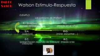 Watson Estimulo-Respuesta
EJEMPLO
Las cobayas de Watson
E.I. (aversivo) R.I.
(sonido desagradable) (miedo en el niño)
E.N....