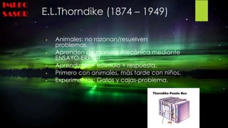 E.L.Thorndike (1874 – 1949)
 Animales: no razonan/resuelven
problemas.
 Aprenden de manera mecánica mediante
ENSAYO-ERRO...