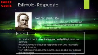 Estímulo- Respuesta
PAVLOV (1849-1936)
Premio Nobel en Fisiología y Medicina
en 1904 por el funcionamiento de las
glándula...