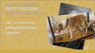 PAVLOV’SOBJECTIVES
PAVLOV’SDISCOVERY
PAVLOV’SCONCLUSION
Later,ametronome
withoutfoodevoked
salivation
13of16
 