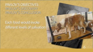 PAVLOV’SOBJECTIVES
PAVLOV’SDISCOVERY
PAVLOV’SCONCLUSION
Eachfoodwouldevoke
differentlevelsofsalivation
6of16
 