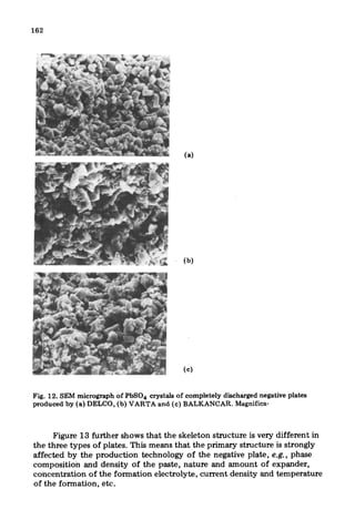 (4
(b)
(cl
Fig. 12. SEM micrograph of PbS04 crystals of completely discharged negative plates
produced by (a) DELCO, (b) VARTA and (c) BALKANCAR. Magnifica-
Figure 13 further shows that the skeleton structure is very different in
the three types of plates. This means that the primary structure is strongly
affected by the production technology of the negative plate, e.g., phase
composition and density of the paste, nature and amount of expander,
concentration of the formation electrolyte, current density and temperature
of the formation, etc.
 