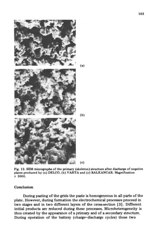 163
Fig. 13. SEM micrographs of the primary (skeleton) structure after discharge of negative
plates produced by (a) DELCO, (b) VARTA and (c) BALKANCAR. Magnification
x 3000.
Conclusion
During pasting of the grids the paste is homogeneous in all parts of the
plate. However, during formation the electrochemical processes proceed in
two stages and in two different layers of the cross-section [3]. Different
initial products are reduced during these processes. Microheterogeneity is
thus created by the appearance of a primary and of a secondary structure.
During operation of the battery (charge-discharge cycles) these two
 