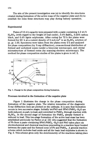 154
The aim of the present investigation was (a) to identify the structures
created during formation of the active mass of the negative plate and (b) to
establish the roles these structures may play during battery operation.
Experimental
Plates of 12 A h capacity were prepared with a paste containing 4.5 wt.%
HzSO4 (with regard to the weight of lead oxide) , 0.4% BaS04, 0.25% carbon
black, and 0.4% lignin sulphonate. After curing for 72 h the plates were
formed for 20 h at a current density of 5 mA/cm2 in an H2S04 solution of
sp. gr. 1.05. Specimens were taken from the plates every 2 h and analysed
for phase composition (by X-ray diffraction), cross-sectional distribution of
formed and unformed zones (under a binocular microscope), and crystal
microstructure of formed zones (by scanning electron microscopy). The
method for phase composition studies of the plates is given in ref. 2.
0 2 6 8 10 12 IL 16
t/h
Fig. 1. Change in the phase composition during formation.
Processes involved in the formation of the negative plate
Figure 1 illustrates the change in the phase composition during
formation of the negative plate. The relative intensities of the diagnostic
X-ray diffraction lines are plotted on the ordinate. It is seen that formation
occurs in two successive stages. Initially tet-PbO and 3Pb0.PbS04*H20 are
both reduced, in part, to lead, and converted to PbSOI through reaction with
H2S0., . In the second stage of formation the PbSO* already formed is
reduced to lead. This two-stage formation of the active lead mass has been
established previously by Pavlov et al. [21 who suggested that the formation
of Pb from a paste containing 3Pb0.PbS04 l
H20 and PbO takes place via
electrochemical and chemical reactions proceeding in a reaction layer located
between the paste and the formed zone of Pb and PbS04. A general reaction
scheme which includes lead oxide and all the basic lead sulphates is shown in
Fig. 2. This scheme gives only the stoichiometry of the reactions taking place
 