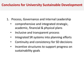 Conclusions for University Sustainable Development
1. Process, Governance and Internal Leadership
• comprehensive and integrated strategic,
academic, financial & physical plans
• Inclusive and transparent process
• Integrated SR systems into planning efforts
• Continuity and consistency for SD decisions
• Incentive structures to support progress on
sustainability goals
 