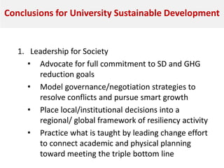 Conclusions for University Sustainable Development
1. Leadership for Society
• Advocate for full commitment to SD and GHG
reduction goals
• Model governance/negotiation strategies to
resolve conflicts and pursue smart growth
• Place local/institutional decisions into a
regional/ global framework of resiliency activity
• Practice what is taught by leading change effort
to connect academic and physical planning
toward meeting the triple bottom line
 