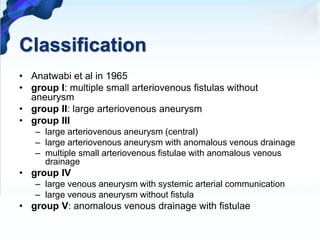 Classification
• Anatwabi et al in 1965
• group I: multiple small arteriovenous fistulas without
aneurysm
• group II: large arteriovenous aneurysm
• group III
– large arteriovenous aneurysm (central)
– large arteriovenous aneurysm with anomalous venous drainage
– multiple small arteriovenous fistulae with anomalous venous
drainage
• group IV
– large venous aneurysm with systemic arterial communication
– large venous aneurysm without fistula
• group V: anomalous venous drainage with fistulae
 
