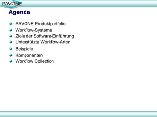 Agenda

 PAVONE Produktportfolio
 Workflow-Systeme
 Ziele der Software-Einführung
 Unterstützte Workflow-Arten
 Beispiele
 Komponenten
 Workflow Collection




                                 2
 