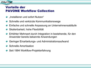 Vorteile der
PAVONE Workflow Collection
 „Installieren und sofort Nutzen“
 Schnelle und verkürzte Kommunikationswege
 Einfache und schnelle Anpassung an Unternehmensabläufe
 Skalierbarkeit, hohe Flexibilität
 Erhöhter Mehrwert durch Integration in bestehende, für den
 Anwender bereits bekannte Anwendungen
 Geringer Einarbeitungs- und Administrationsaufwand
 Schnelle Amortisation
 Seit 1994 Workflow-Projekterfahrung




                                                              30
 