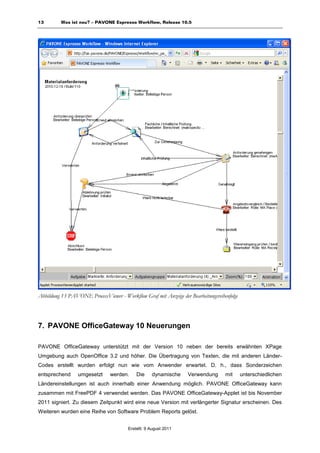 13        Was ist neu? – PAVONE Espresso Workflow, Release 10.5




Abbildung 13 PAVONE ProcessViewer - Workflow Graf mit Anzeige der Bearbeitungsreihenfolge




7. PAVONE OfficeGateway 10 Neuerungen

PAVONE OfficeGateway unterstützt mit der Version 10 neben der bereits erwähnten XPage
Umgebung auch OpenOffice 3.2 und höher. Die Übertragung von Texten, die mit anderen Länder-
Codes erstellt wurden erfolgt nun wie vom Anwender erwartet. D. h., dass Sonderzeichen
entsprechend     umgesetzt      werden.     Die     dynamische    Verwendung       mit      unterschiedlichen
Ländereinstellungen ist auch innerhalb einer Anwendung möglich. PAVONE OfficeGateway kann
zusammen mit FreePDF 4 verwendet werden. Das PAVONE OfficeGateway-Applet ist bis November
2011 signiert. Zu diesem Zeitpunkt wird eine neue Version mit verlängerter Signatur erscheinen. Des
Weiteren wurden eine Reihe von Software Problem Reports gelöst.


                                        Erstellt: 9 August 2011
 