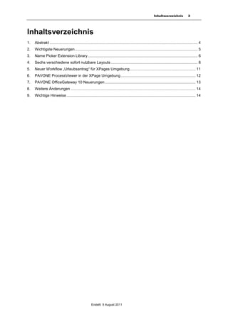 Inhaltsverzeichnis             3




Inhaltsverzeichnis
1.   Abstrakt ............................................................................................................................................ 4
2.   Wichtigste Neuerungen .................................................................................................................... 5
3.   Name Picker Extension Library ........................................................................................................ 6
4.   Sechs verschiedene sofort nutzbare Layouts .................................................................................. 8
5.   Neuer Workflow „Urlaubsantrag“ für XPages Umgebung .............................................................. 11
6.   PAVONE ProcessViewer in der XPage Umgebung ....................................................................... 12
7.   PAVONE OfficeGateway 10 Neuerungen ...................................................................................... 13
8.   Weitere Änderungen ...................................................................................................................... 14
9.   Wichtige Hinweise .......................................................................................................................... 14




                                                        Erstellt: 9 August 2011
 