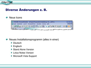 Diverse Änderungen z. B. Neue Icons Neues Installationsprogramm (alles in einer) Deutsch Englisch Stand Alone Version Lotus Notes Version Microsoft Vista Support 