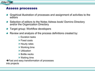 Assess processes

   Graphical illustration of processes and assignment of activities to the
   editors
   Selection of editors to the Notes Adress book/ Domino Directory
   and/or the Organization Directory
   Target group: Workflow developers
   Review and analysis of the process definitions created by:
              Duration tasks
              Fixed costs
              Hourly rates
              Working time
              Utilization
              Bottle necks
              Waiting time
   Fast and easy transformation of processes
into projects
 