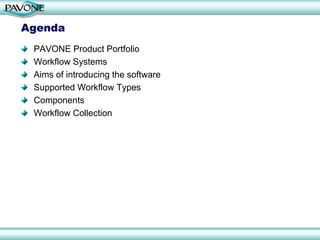Agenda
 PAVONE Product Portfolio
 Workflow Systems
 Aims of introducing the software
 Supported Workflow Types
 Components
 Workflow Collection
 