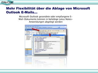 Mehr Flexibilität über die Ablage von Microsoft
Outlook E-Mails…
       Microsoft Outlook gesendete oder empfangene E-
       Mail-Dokumente können in beliebige Lotus Notes-
                Anwendungen abgelegt werden
 