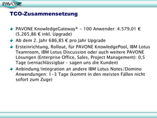 TCO-Zusammensetzung

 PAVONE KnowledgeGateway® - 100 Anwender: 4.579,01 €
 (5.265,86 € inkl. Upgrade)
 Ab dem 2. Jahr 686,85 € pro Jahr Upgrade
 Ersteinrichtung, Rollout, für PAVONE KnowledgePool, IBM Lotus
 Teamroom, IBM Lotus Discussion oder auch weitere PAVONE
 Lösungen (Enterprise Office, Sales, Project Management): 0,5
 Tage (vernachlässigbar – sagen uns die Kunden)
 Anbindung/Integration an andere IBM Lotus Notes/Domino
 Anwendungen: 1-3 Tage (kommt in den meisten Fällen nicht
 sofort zum Zuge)
 