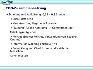 TCO-Zusammensetzung
 Schulung und Aufklärung: 0,25 – 0,5 Stunde
    Share statt send
    Verantwortung liegt beim Absender
    “Satzung" für die Abteilung -> Commitment der
 Abteilungsmitglieder
   Policies (Subject Policies, Verwendung von Tabellen,
  Outline)
    Information Mapping ("Netiquette")
   Entwicklung von Checklisten, an die sich die
  Menschen
 halten müssen
 