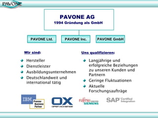 PAVONE AG
                 1994 Gründung als GmbH



   PAVONE Ltd.       PAVONE Inc.       PAVONE GmbH


Wir sind:                    Uns qualifizieren:

 Hersteller                        Langjährige und
 Dienstleister                     erfolgreiche Beziehungen
                                   zu unseren Kunden und
 Ausbildungsunternehmen
                                   Partnern
 Deutschlandweit und
                                   Geringe Fluktuationen
 international tätig
                                   Aktuelle
                                   Forschungsaufträge
 