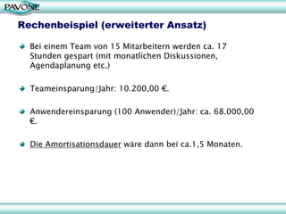 Rechenbeispiel (erweiterter Ansatz)

  Bei einem Team von 15 Mitarbeitern werden ca. 17
  Stunden gespart (mit monatlichen Diskussionen,
  Agendaplanung etc.)

  Teameinsparung/Jahr: 10.200,00 €.

  Anwendereinsparung (100 Anwender)/Jahr: ca. 68.000,00
  €.

  Die Amortisationsdauer wäre dann bei ca.1,5 Monaten.
 