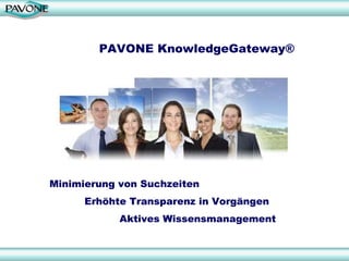 PAVONE KnowledgeGateway®




Minimierung von Suchzeiten
      Erhöhte Transparenz in Vorgängen
            Aktives Wissensmanagement
 