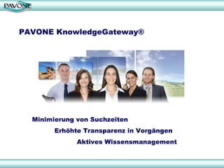 PAVONE KnowledgeGateway®




  Minimierung von Suchzeiten
        Erhöhte Transparenz in Vorgängen
              Aktives Wissensmanagement
 