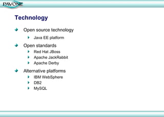 Technology Open source technology  Java EE platform Open standards Red Hat JBoss Apache JackRabbit Apache Derby Alternative platforms IBM WebSphere DB2 MySQL 